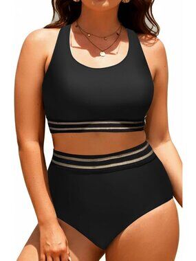 Plus Size Colorblock High Waisted Bikini Set - Scoop Neck Two Piece Swimsuit